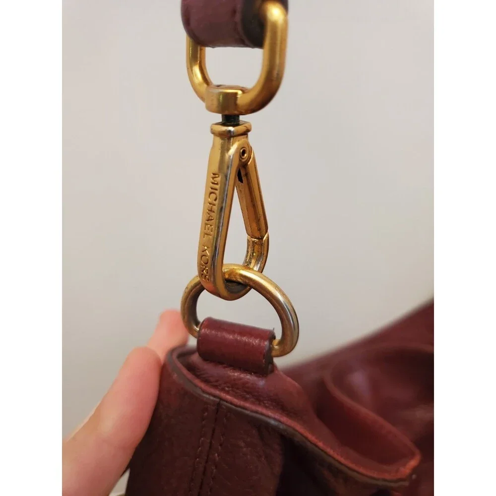 Michael Kors Burgundy Leather Slouchy Shoulder Bag Hobo Chain Gold Charm Purse